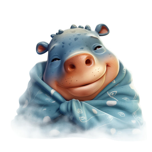 baby hippo, blue pajamas, cute animal, soft pastels, adorable character, sleepy theme, nursery fabric, cotton panel, whimsical illustration, bedtime motif, cartoon style, quilting cotton, children's fabric, peachy pink, sky blue, cozy blanket, sweet expression, baby animal, dreamy artwork, fabric square