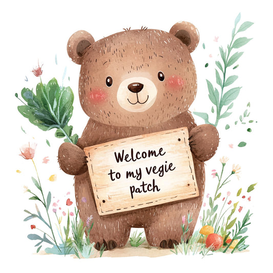 cute bear, woodland animals, nursery, baby quilt, whimsical, nature-inspired, forest theme, teddy bear, brown bear, sage green, cream, dusty rose, blush pink, soft colors, pastel, vegetable garden, welcome sign, botanical, wildflowers, garden theme, rustic charm, farmhouse style, children's fabric, playful, illustrative, watercolor, springtime, gentle animals, sweet, decorative panel