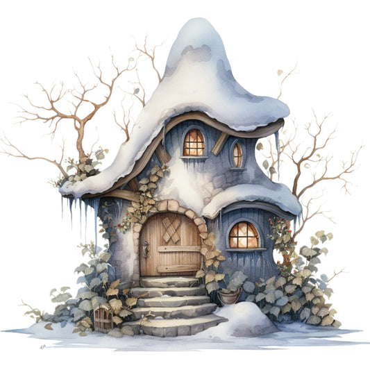 Watercolor Winter Houses Fabric Panel 17