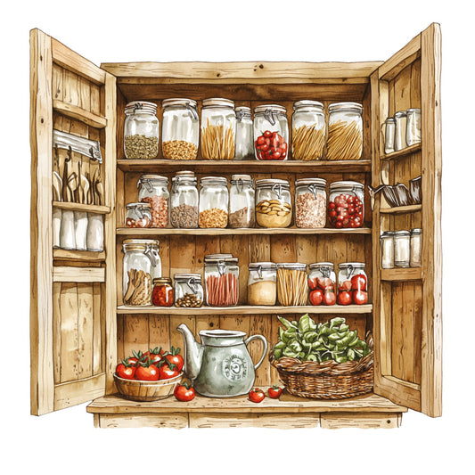 rustic pantry, wooden cabinet, glass jars, mason jars, food storage, kitchen scene, brown wood, beige tones, red tomatoes, green vegetables, wicker basket, ceramic pitcher, country style, farmhouse kitchen, open cupboard, shelving display, natural colors, food illustration, vintage kitchen, fabric panel