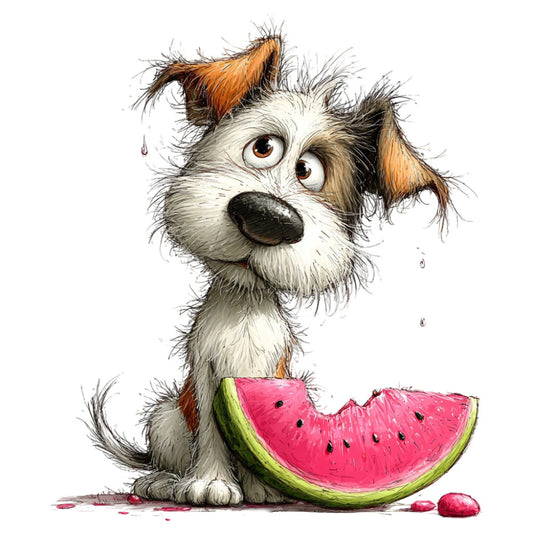 dog, puppy, watermelon, animals, whimsical, cute, playful, cartoon, illustration, children's, kids, summer, cream, white, tan, brown, rust orange, hot pink, magenta, lime green, funny, humorous, character panel, nursery, baby, pet themed, food and animals, modern whimsical, artistic