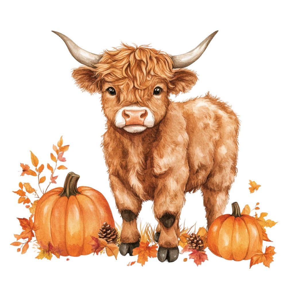 highland cow, brown, tan, cream, orange, autumn, fall, pumpkin, harvest, animals, farmhouse, rustic, whimsical, seasonal, thanksgiving, cottage core, primitive, folk art, leaves, pinecones, nature, livestock, cattle, cow print, country, adorable, charming, pastoral, woodland
