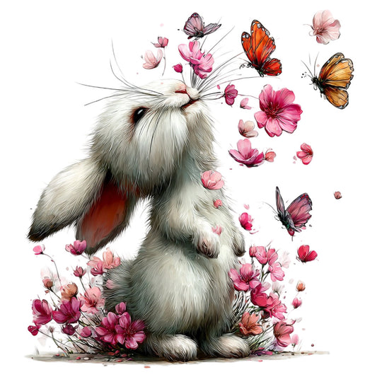 fluffy bunny, pink flowers, butterflies, whimsical animals, spring, pastel pink, cream white, soft gray, floral, nature, garden, cottagecore, sweet, gentle, children's, baby, nursery, woodland creatures, botanical, delicate, Easter, springtime, fairy tale, storybook, cute animals, romantic, feminine, soft colors, illustrated, artistic