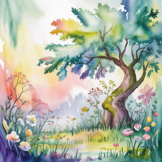 watercolor painting, whimsical forest, enchanted woodland, fairy tale scene, pastel colors, rainbow hues, curved tree, wildflowers, fabric panel, cotton quilting, dreamy landscape, soft brushstrokes, magical garden, spring meadow, artistic illustration, nature scene, colorful foliage, blooming flowers, ethereal atmosphere, children's fabric