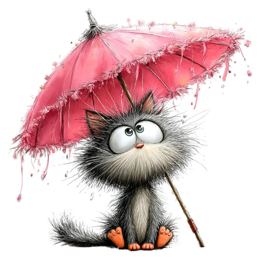 pink umbrella, whimsical cat, black and white cat, fluffy cat, cute animals, character illustration, coral pink, hot pink, rose pink, animal characters, children's design, playful style, spring theme, rainy day, umbrella design, furry texture, big eyes, adorable, cartoon style, kids fabric, baby quilt, nursery decor, sweet design, feminine colors, pastel accents, decorative arts, illustration art, character panel, charming motif, playful animals