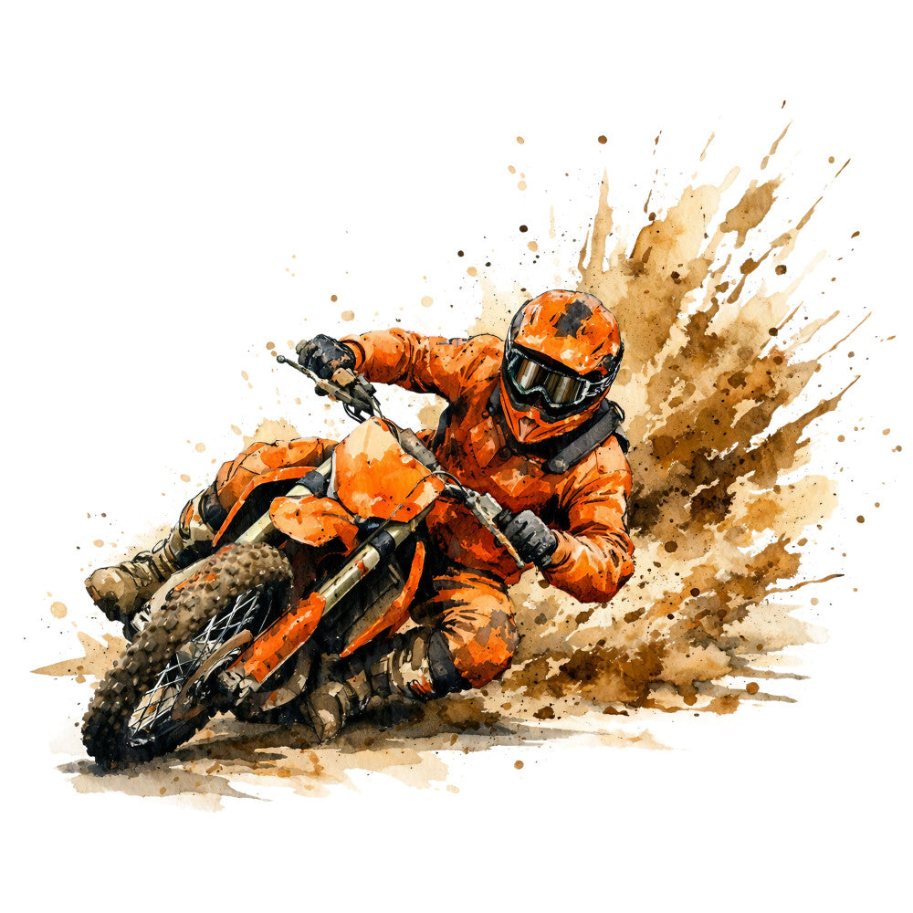 dirt bike, motocross, orange, tan, brown, black, action sports, watercolor splatter, abstract, dynamic, racing, extreme sports, dirt splatter, dusty, masculine, adventure, speed, adrenaline, sports enthusiast, motorbike rider, off-road, energetic, modern, contemporary, grunge, textured, splash effect, active lifestyle, men's interest, sports theme