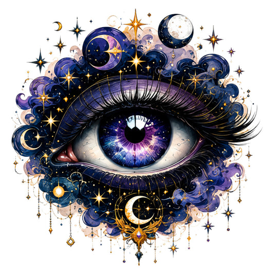 celestial, cosmic, night sky, stars, moons, purple, deep blue, navy blue, gold, golden yellow, mystical, whimsical, bohemian, fantasy, magical, eye motif, crescent moon, sparkles, ethereal, dreamlike, enchanted, spiritual, elegant, ornate, decorative, cosmic eye, starry, lunar, metaphysical, tarot inspired