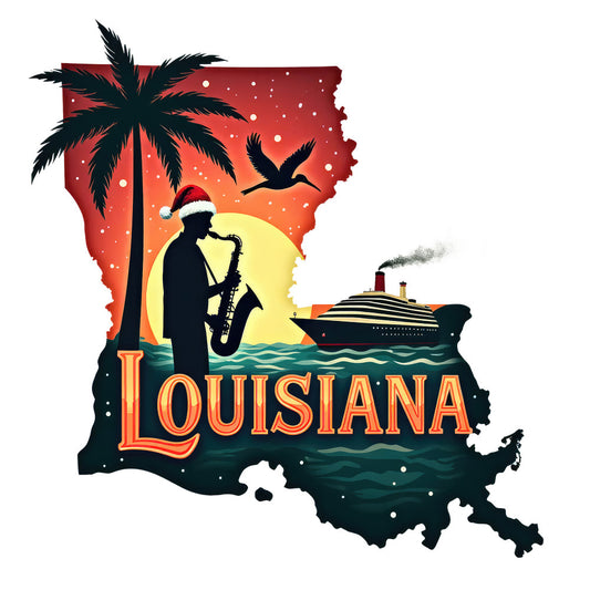 Christmas US States Fabric Panel 34 with Louisiana silhouette featuring a saxophone player, palm tree, cruise ship, and festive sunset scene.