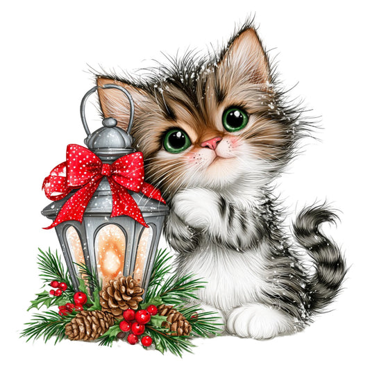 festive kitten, cat with lantern, holiday cat, christmas cat, red bow, evergreen branches, pinecones, holly berries, warm white, cream, tan, brown, forest green, holiday green, bright red, emerald green, festive, whimsical, cute animals, adorable cat, winter holiday, christmas theme, december, seasonal decor, lantern light, cozy, traditional holiday, cute kitten face, big eyes, striped tail