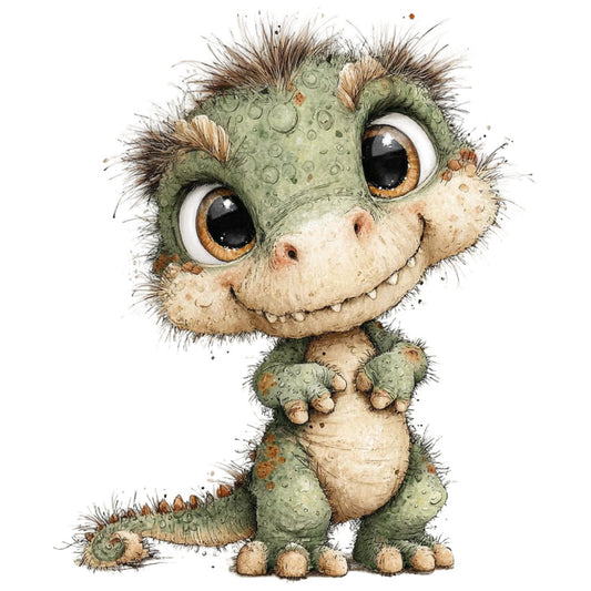 sage green, cream, brown, moss green, tan, beige, gold, character, cute, whimsical, dinosaur, reptile, creature, fantasy, children, kids, playful, animated, illustration, art, modern, stylized, baby, nursery, animal, prehistoric, friendly, expressive, eyes, dimensional