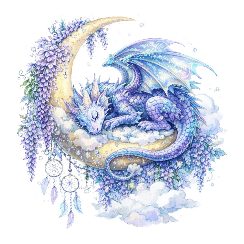 lavender purple, soft blue, pale yellow, iridescent blue, fantasy dragon, celestial theme, magical, whimsical, dreamcatcher, moon crescent, clouds, wisteria flowers, floral, nature inspired, elegant, ethereal, fantasy art, dragon scales, winged creature, decorative elements, hanging ornaments, feathers, sparkles, enchanted, mystical, pastel colors, watercolor style, wall hanging, fantasy quilt, celestial dragon