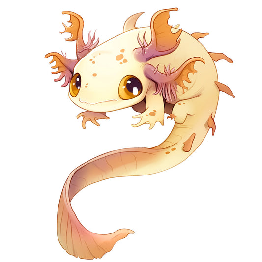 cream, pale yellow, orange, pink, coral, peach, cartoon axolotl, cute salamander, kawaii style, adorable creature, external gills, big eyes, spotted pattern, aquatic animal, whimsical design, fabric panel, quilting cotton, children's fabric, nursery theme, amphibian character