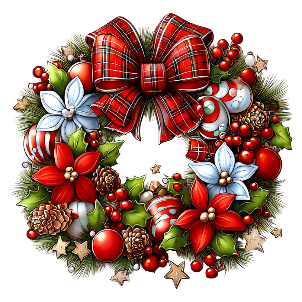 red, white, green, gold, cream, crimson, forest green, plaid, tartan, floral, wreath, holiday, christmas, festive, traditional, elegant, poinsettia, berries, pinecones, stars, ornaments, bow, ribbon, holly, evergreen, winter, seasonal, decorative, classic, victorian