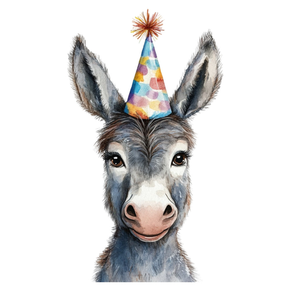 donkey, party hat, whimsical, animals, farmhouse, children's, baby, cute, gray, grey, white, blush pink, colorful, festive, celebration, birthday, fun, playful, modern, watercolor, illustration, woodland, nursery, wall hanging, baby quilt, home decor, multi-colored, charming, portrait