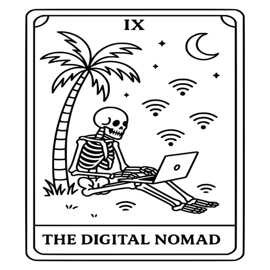 black and white, skeleton, palm tree, laptop, wifi, moon, crescent moon, celestial, night sky, stars, digital nomad, tropical, beach, modern, whimsical, humorous, tech, technology, internet, working remotely, casual, contemporary, tarot card, fortune teller, occult, gothic, edgy, minimalist, line art