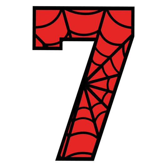 red, black, spider web, superhero, number seven, alphabet panel, comic book style, fabric panel, quilting cotton, children's theme, bright colors, web pattern, educational, cartoon style, geometric lines, bold graphics, nursery decor, crafting material, sewing fabric, novelty print