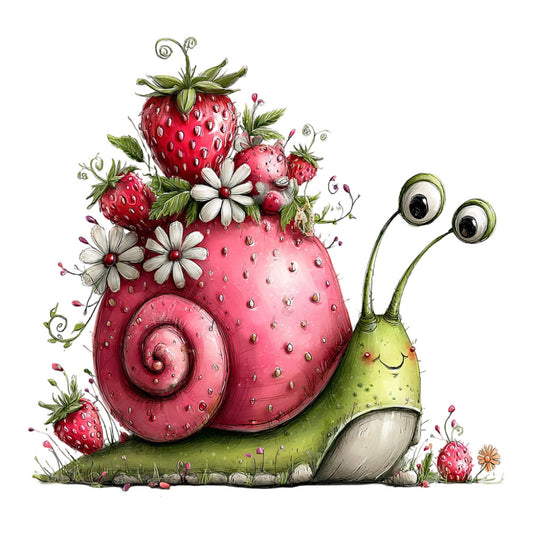 strawberry pink, coral pink, sage green, cream white, whimsical, nature, garden, strawberries, snail, flowers, daisies, children's, cute, playful, illustrated, fantasy, spring, summer, animals, insects, botanical, quirky, charming, cottage core, storybook, nursery, kid's fabric, panel design, strawberry motif, floral design