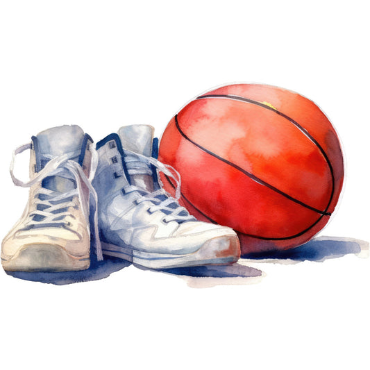 basketball, sports, athletic shoes, sneakers, red orange, navy blue, white, cream, watercolor, illustrated, sports themed, recreational, active lifestyle, youth, teen, casual style, modern, contemporary, game day, championship, court sport, ball sport, athletic wear, school spirit, team sports, exercise, fitness themed, leisure activities