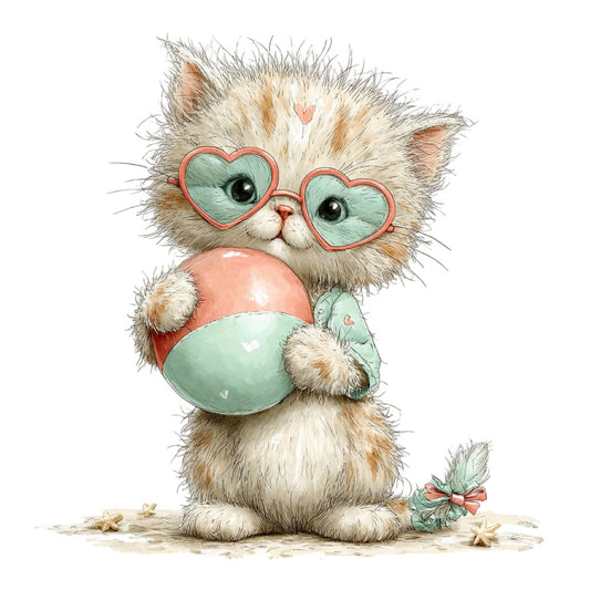 fluffy cat, heart-shaped glasses, coral pink, mint green, sage green, cream, tan, brown, whimsical, cute, playful, animal lover, cat illustration, beach ball, summer, Easter egg, pastel colors, children's fabric, baby quilt, nursery decor, pet themed, charming, illustrated, decorative panel, novelty print, cheerful, kitten, adorable, gender neutral