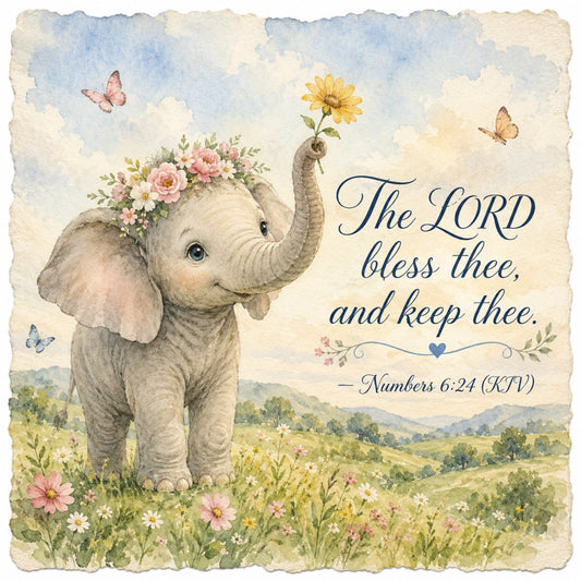 elephant, floral, nature, animals, butterflies, inspirational, religious, scripture, spring, pastel blue, soft pink, cream, yellow, sage green, whimsical, vintage, gentle, nursery, baby, children, wildflowers, daisies, roses, landscape, rolling hills, clouds, hearts, decorative, peaceful, spiritual