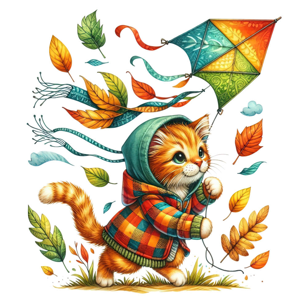 autumn cat, fall leaves, orange, golden yellow, forest green, teal blue, red plaid, whimsical animals, cute kitten, cozy autumn, fall fashion, seasonal, harvest theme, playful cat, kite flying, leaf motifs, children's illustration, storybook style, whimsical woodland, warm colors, plaid pattern, striped ribbons, clouds, nature theme, rustic charm, cottage core, fall season, charming animals, colorful leaves, child-friendly