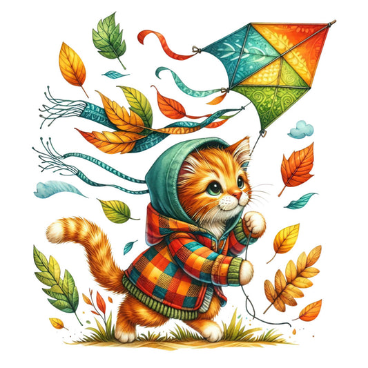 autumn cat, fall leaves, orange, golden yellow, forest green, teal blue, red plaid, whimsical animals, cute kitten, cozy autumn, fall fashion, seasonal, harvest theme, playful cat, kite flying, leaf motifs, children's illustration, storybook style, whimsical woodland, warm colors, plaid pattern, striped ribbons, clouds, nature theme, rustic charm, cottage core, fall season, charming animals, colorful leaves, child-friendly
