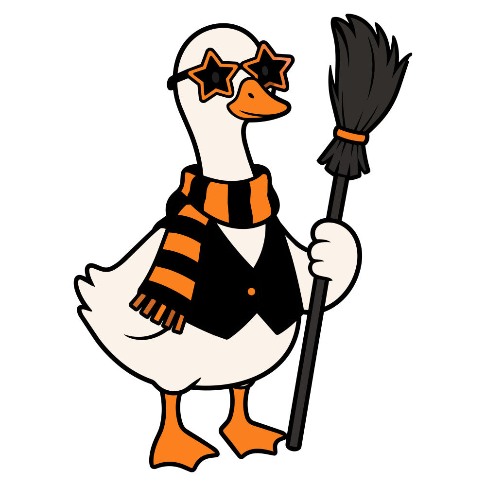 halloween, witch, duck, goose, orange and black, striped scarf, star glasses, whimsical, fun, playful, animal, character, costume, autumn, fall, holiday, black, orange, cream, beige, cute, cartoon style, children's, kids, festive, themed panel, novelty, decorative