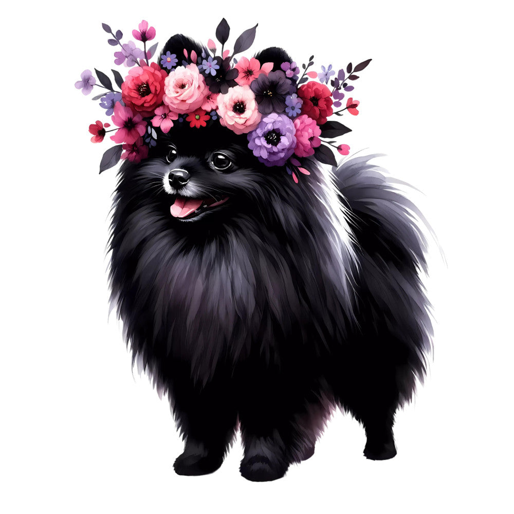 black dog, pomeranian, chihuahua, small dog breed, floral crown, flower wreath, pink flowers, purple flowers, rose pink, magenta, deep purple, dark purple, black, white, floral, botanical, whimsical, playful, cute, adorable, dog portrait, animal lover, pet themed, spring, summer, garden, nature inspired, decorative panel, wall hanging, nursery decor