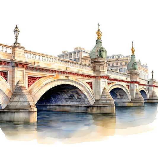 architectural, bridge, london, thames, historic, monument, landmark, cityscape, travel, european, elegant, traditional, cream, gold, sage green, red, navy blue, tan, stone, ornate, decorative domes, classical, detailed illustration, wall hanging, home decor, travel themed, british, heritage, vintage inspired
