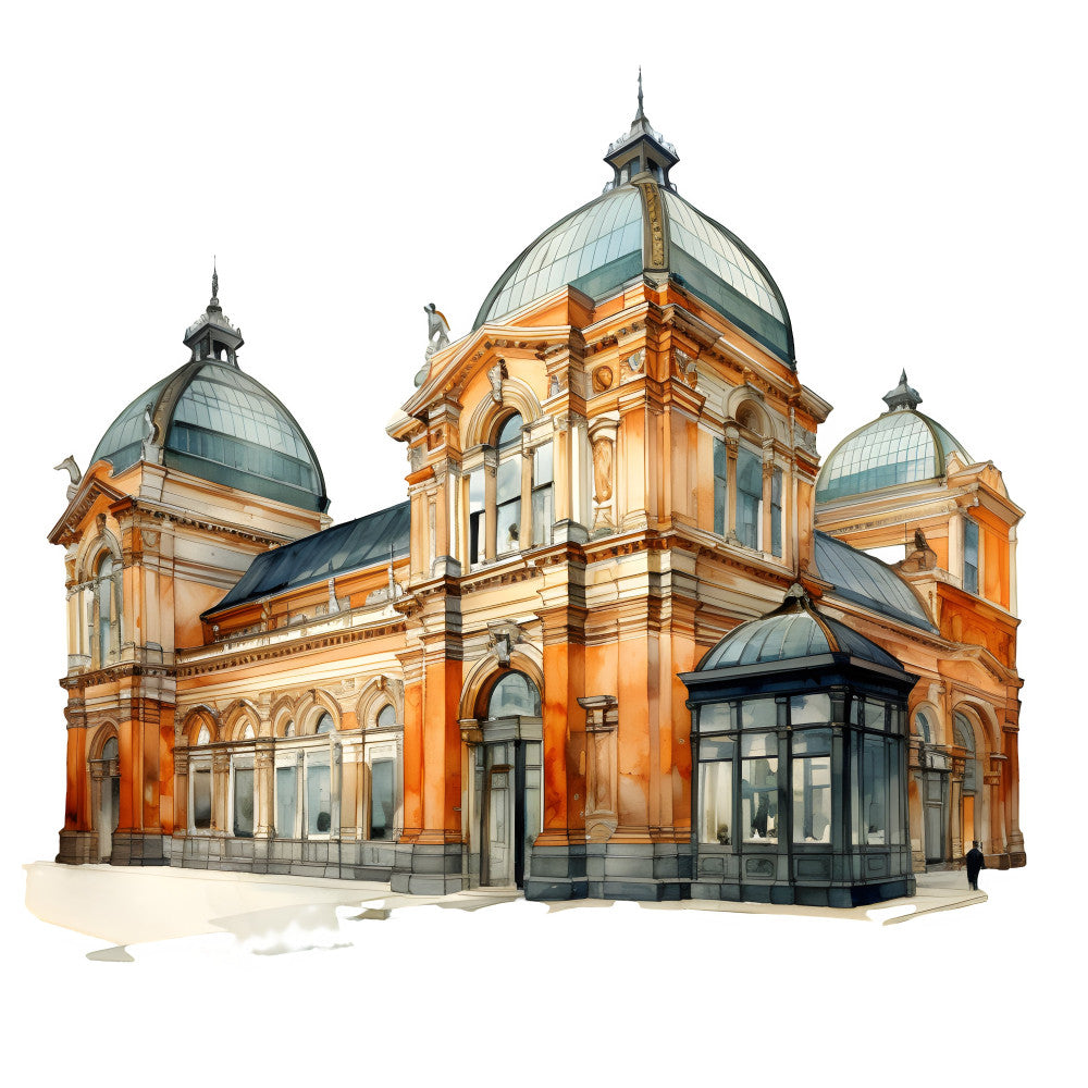 burnt orange, cream, sage green, teal dome, architectural, building, victorian, historic, steampunk, vintage, traditional, elegant, ornate, detailed, decorative, geometric, classical, heritage, nostalgic, town scene, cityscape, structure, illustration, artistic, neutral tones, warm colors, retro, industrial, antique, panel print