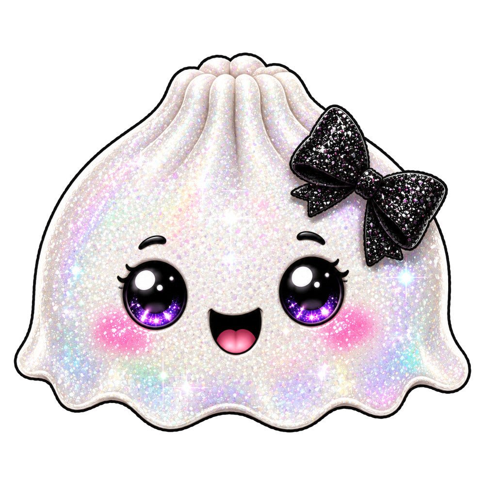 iridescent, glitter, sparkle, holographic, pastel pink, lavender, white, rainbow, cute character, whimsical, kawaii, girl, bow, black bow, sequin, shimmery, magical, fantasy, modern, playful, children's, kid's, baby, smile, happy face, eyes, girly, sweet, fun, enchanted