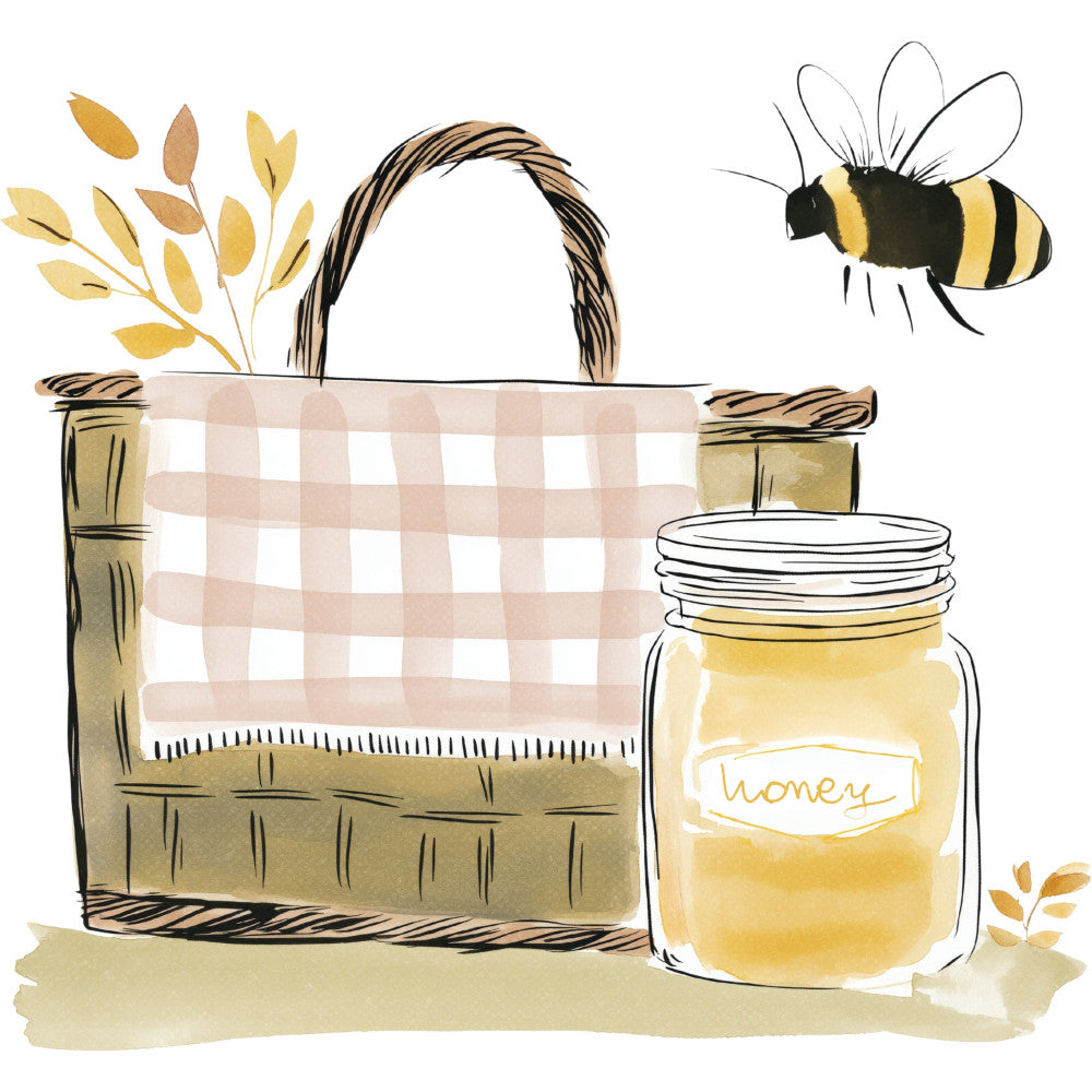 honey bee, bumblebee, honeycomb, wheat, golden yellow, cream, beige, tan, black stripes, gingham check, checkered, farmhouse, rustic, nature, botanical, spring, summer, whimsical, cottage core, jar of honey, bee illustration, wildflowers, natural elements, vintage, country style, picnic basket, warm tones, yellow and white, garden themed, pollinator