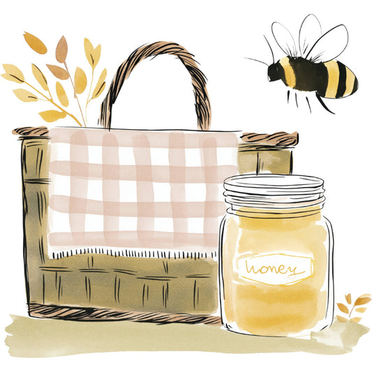honey bee, bumblebee, honeycomb, wheat, golden yellow, cream, beige, tan, black stripes, gingham check, checkered, farmhouse, rustic, nature, botanical, spring, summer, whimsical, cottage core, jar of honey, bee illustration, wildflowers, natural elements, vintage, country style, picnic basket, warm tones, yellow and white, garden themed, pollinator