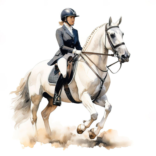 equestrian, horse riding, english riding, hunter jumper, sport horse, cream white, navy blue, charcoal gray, tan brown, elegant, traditional, sophisticated, vintage, classic, horses, riders, athletic, equine, dressage, competitive sports, country style, preppy, timeless, detailed illustration, realistic, motion, action, dust cloud, premium quality, hobby sports