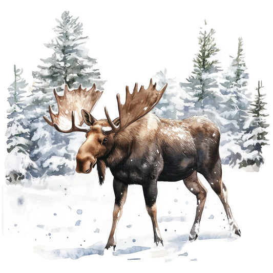 moose, winter scene, watercolor style, snow, evergreen trees, brown, gray, white, woodland animal, antlers, fabric panel, quilting cotton, nature scene, forest, snowy landscape, wildlife, rustic, outdoor theme, cold weather, pine trees