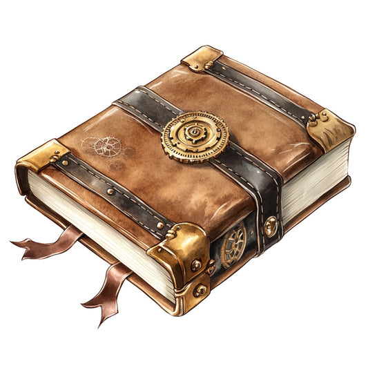 steampunk, vintage, brown leather, tan, bronze, brass, gears, mechanical, cogs, industrial, adventure, travel, book, pages, ribbon bookmarks, ornate, antique, brass buckles, dark brown, light brown, distressed, retro, Victorian, fantasy, gothic, nautical gears, whimsical, classic literature, bookish, masculine