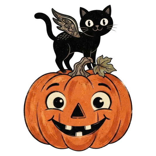 black cat, jack-o-lantern, pumpkin, halloween, autumn, fall, orange, black, cream, winged cat, angel cat, jack o lantern face, smiling pumpkin, holiday, seasonal, whimsical, vintage halloween, retro, spooky, festive, cute, playful, children's, kid-friendly, wall hanging, home decor, folk art, illustration style, trick or treat, october