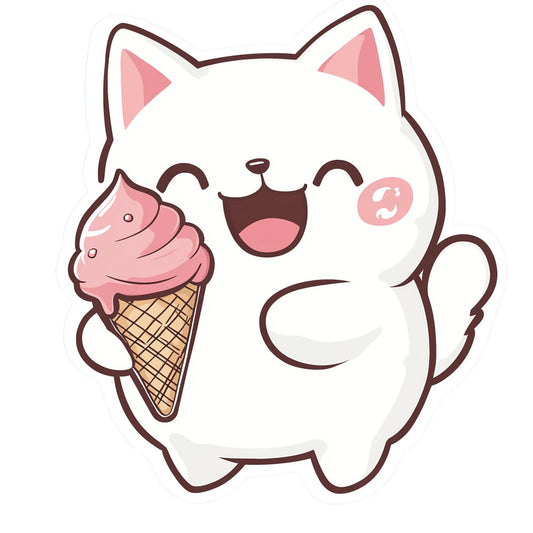 white cat, pink ice cream, cute animals, kawaii, whimsical, pastel colors, dusty rose, cream white, chocolate brown, playful, cat face, ice cream cone, children's, happy expression, cheerful, modern, fun, blushed cheeks, cat ears, sweet treats, dessert theme, girl's fabric, nursery, baby, adorable, quirky, contemporary, colorful characters, smiling cat