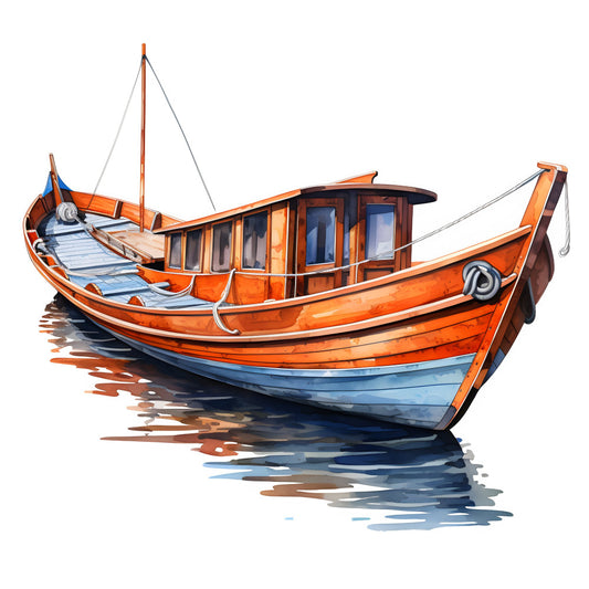 orange boat, blue boat, nautical, fishing boat, wooden boat, coastal, maritime, ocean, water, sailboat, traditional boat, rustic, orange, burnt orange, navy blue, light blue, turquoise, seaside, beach theme, transportation, vehicle, vintage nautical, summer, asian inspired, asian design, peaceful, serene, waterfront, dock scene