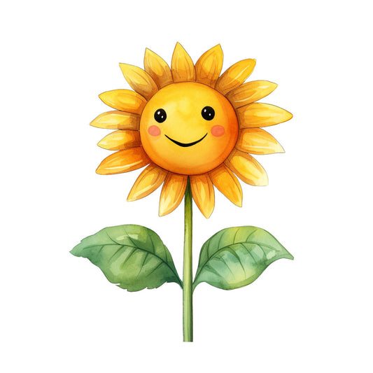 smiling flower, sunflower, yellow petals, orange center, green leaves, green stem, happy face, cute character, cheerful design, bright colors, golden yellow, fabric panel, quilting cotton, children's fabric, cartoon style, whimsical art, floral motif, spring theme, nursery decor, kawaii style