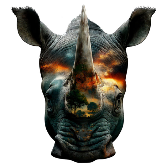 rhinoceros, wildlife, double exposure, landscape, sunset, nature, animal silhouette, safari, african, bohemian, mystical, artistic, forest green, burnt orange, golden yellow, charcoal gray, cream, teal, dramatic, celestial, spiritual, boho, modern art, animals, trees, scenic, wall hanging, statement panel, nature lover, adventure themed