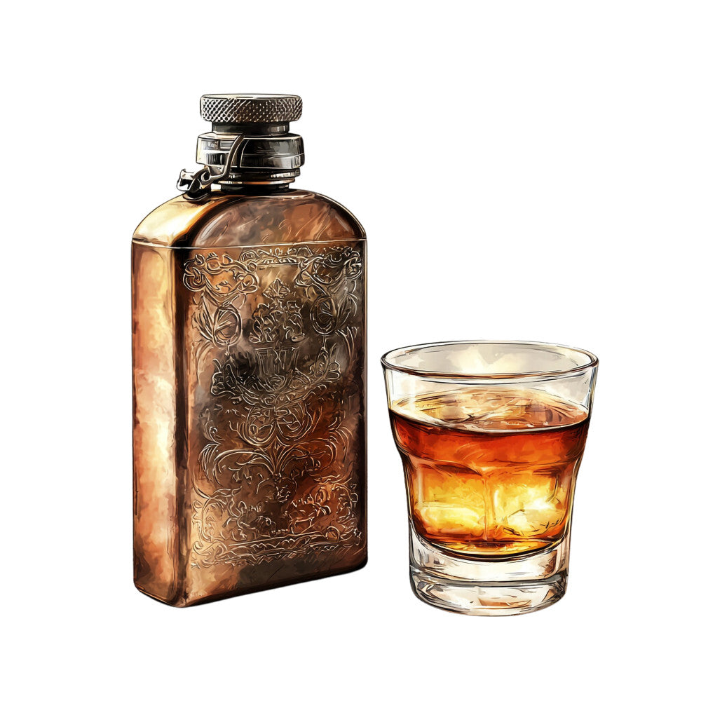 bourbon bottle, whiskey glass, amber liquid, copper tones, golden brown, ornate flask, decorative engravings, vintage styling, distressed finish, alcohol themed, bar scene, masculine design, warm colors, realistic illustration, fabric panel, quilting cotton, beverage motif, rustic aesthetic, detailed artwork, rectangular flask