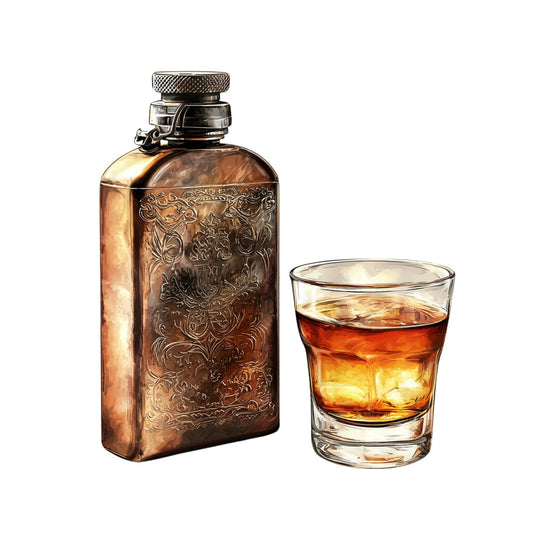 bourbon bottle, whiskey glass, amber liquid, copper tones, golden brown, ornate flask, decorative engravings, vintage styling, distressed finish, alcohol themed, bar scene, masculine design, warm colors, realistic illustration, fabric panel, quilting cotton, beverage motif, rustic aesthetic, detailed artwork, rectangular flask