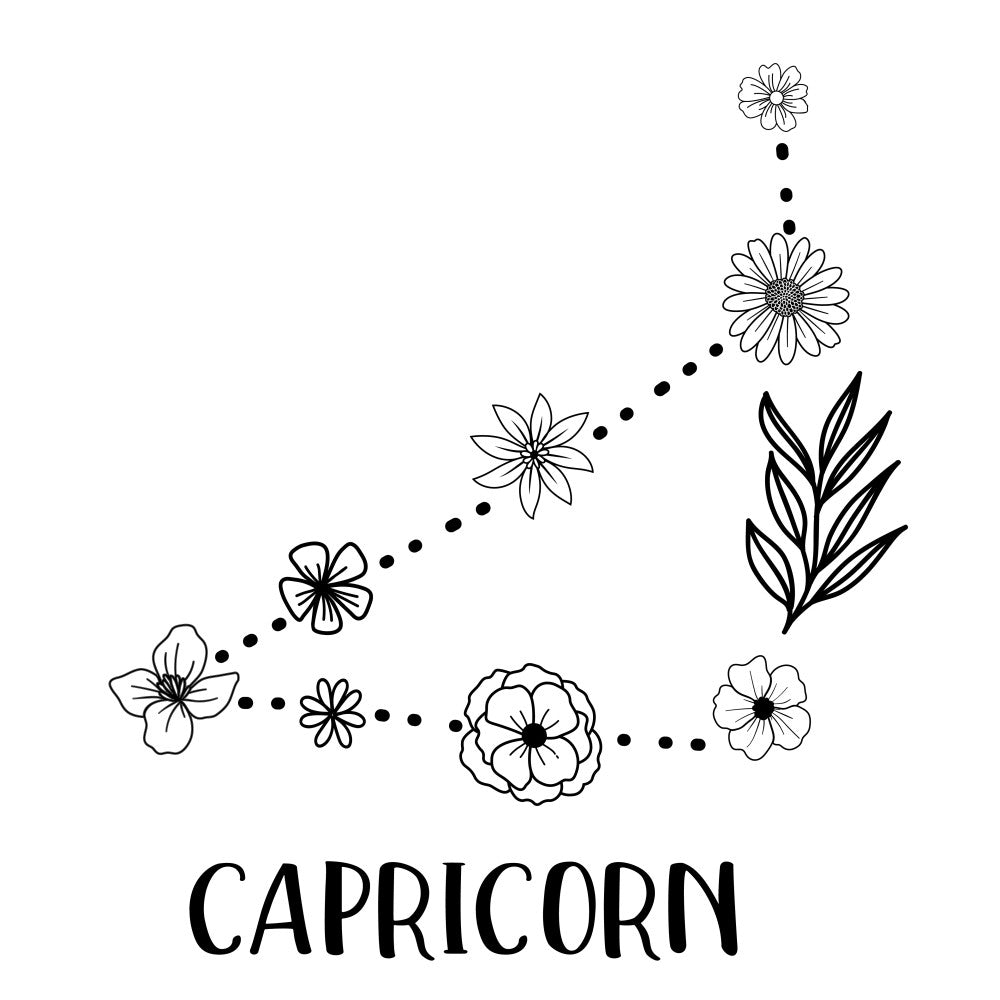 zodiac, capricorn, astrology, black and white, monochrome, floral, botanical, nature, flowers, daisies, leaves, minimalist, line drawing, modern, whimsical, celestial, horoscope, constellation, decorative, spring, summer, garden, outline, sketch style, elegant, bohemian, wall hanging, home decor, astrology enthusiast, zodiac sign