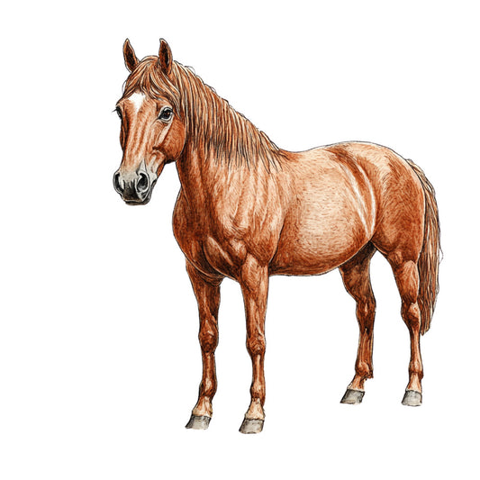 chestnut horse, brown tones, equestrian, realistic illustration, animal portrait, fabric panel, quilting cotton, rustic charm, pastoral scene, detailed artwork, earth tones, countryside theme, horse lover, naturalistic style, warm browns, cream background, standing pose, flowing mane, realistic rendering, farm animal