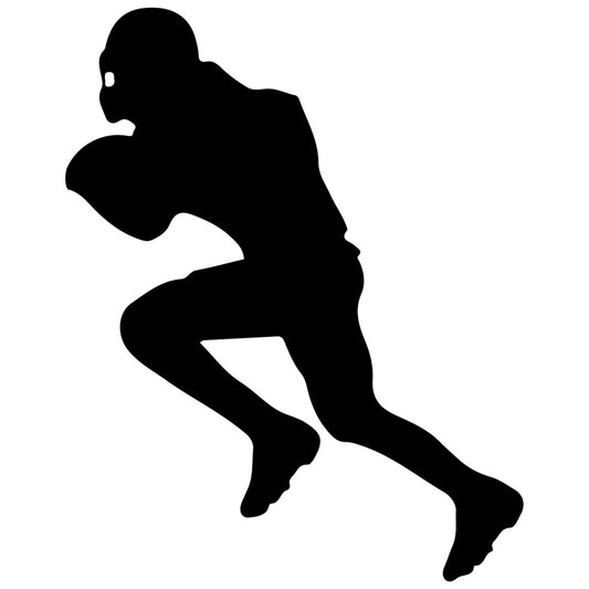 football player silhouette, sports, athletic, black, white, football, team sports, modern, masculine, action pose, running back, receiver, game day, sports enthusiast, football fan, jersey, gridiron, competitive, dynamic motion, touchdown, play action, football themed, sports apparel, athletic wear, monochrome, bold silhouette, american football, NFL inspired, sports decor