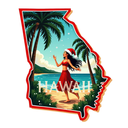 Christmas US States Fabric Panel 40 featuring a tropical beach scene with a woman in festive attire in Hawaii shape design