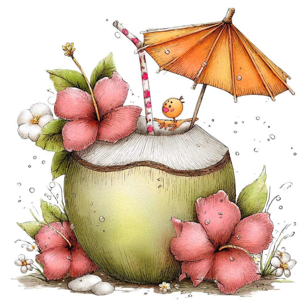 coral pink, dusty rose, sage green, cream, white, golden yellow, orange, floral, nature, whimsical, fantastical, hibiscus, small flowers, daisies, cute character, bird, umbrella, tropical, summer, spring, playful, charming, storybook, children's, cottage core, garden, parasol, rain theme, water droplets, decorated eggs