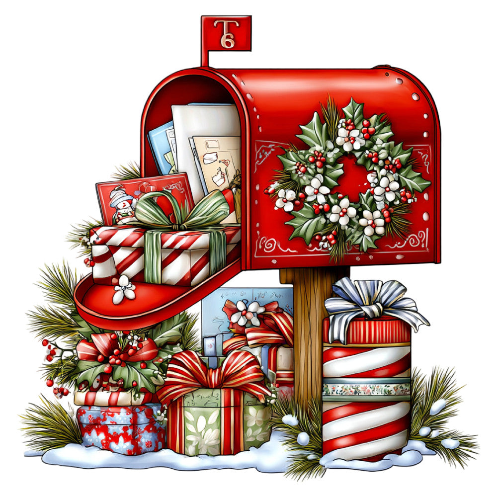 christmas, holiday, red, cream, white, green, festive, mailbox, gifts, presents, bows, ribbons, holly, berries, floral, traditional, vintage, whimsical, seasonal, winter, postcard, evergreen, candy cane striped, decorative, greeting card theme, nostalgic, classic holiday, red and white, cheerful, festive theme