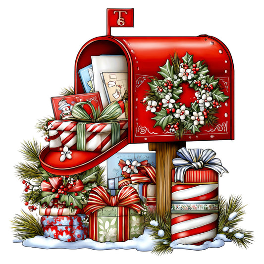 christmas, holiday, red, cream, white, green, festive, mailbox, gifts, presents, bows, ribbons, holly, berries, floral, traditional, vintage, whimsical, seasonal, winter, postcard, evergreen, candy cane striped, decorative, greeting card theme, nostalgic, classic holiday, red and white, cheerful, festive theme